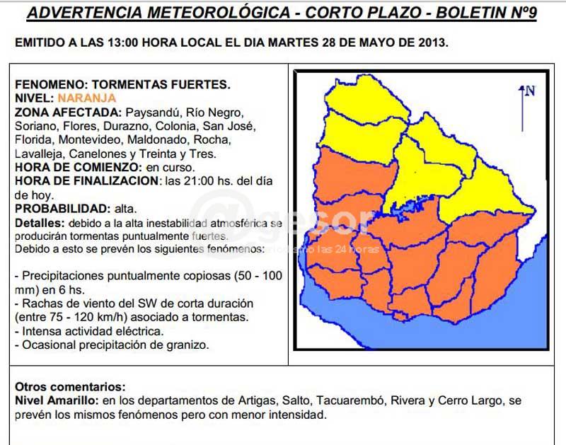 Meteorología emitió alerta naranja desde las 13.00 a las 21.00 de este martes afectando a 14 departamentos, entre ellos Soriano y la región