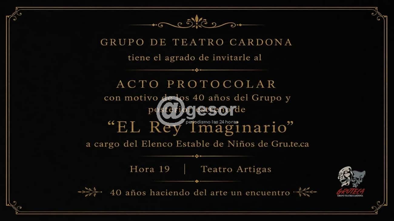 El Grupo de Teatro Cardona (Gruteca) celebrará sus 40 años de trayectoria el próximo viernes 7 de agosto en el Teatro Artigas de la ciudad de Cardona. La actividad dará inicio a las 19:00 horas, con la apertura de la sala fijada para las 18:30 horas.